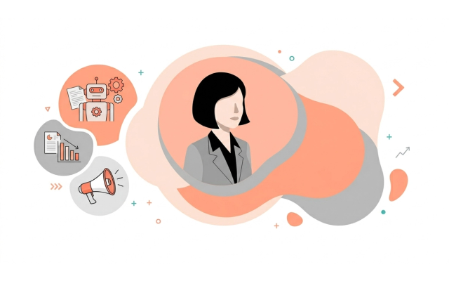 Illustration of a professional agency executive surrounded by icons for growth analytics, reporting, and marketing megaphone, representing the evolving agency service model Illustration of a professional agency executive surrounded by icons for growth analytics, reporting, and marketing megaphone, representing the evolving agency service model