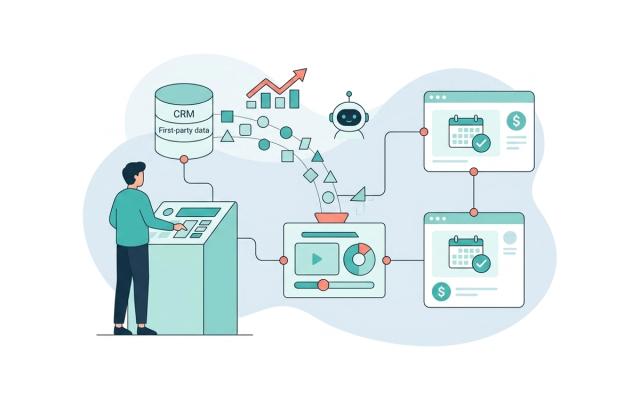 Illustration of a marketer using a CRM data terminal to track first-party data and AI-driven attribution across web pages, leading to conversions and revenue growth Illustration of a marketer using a CRM data terminal to track first-party data and AI-driven attribution across web pages, leading to conversions and revenue growth