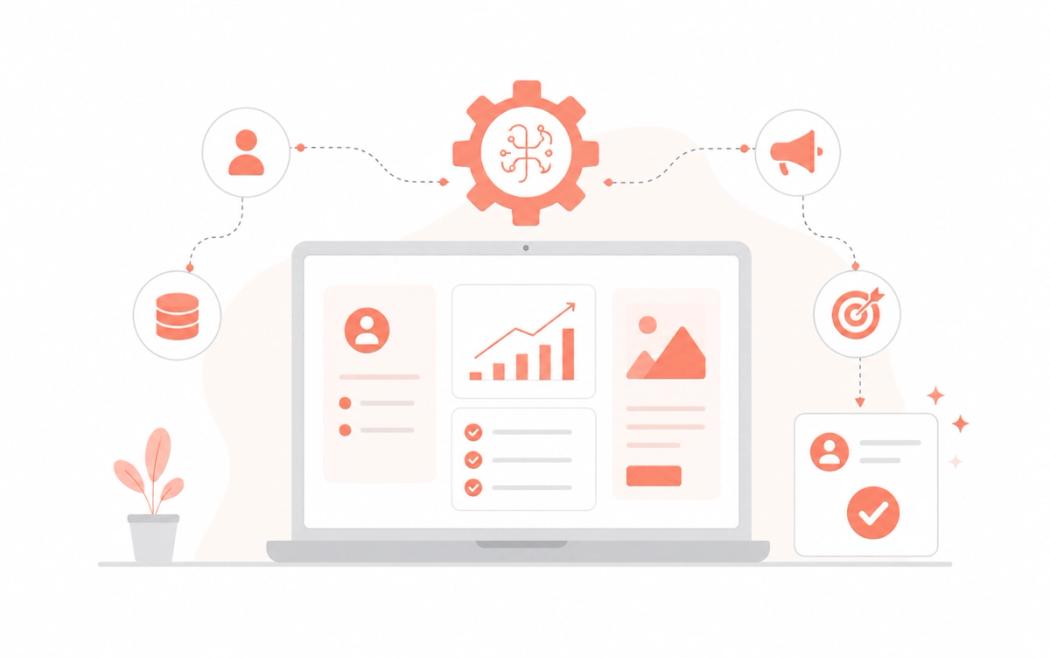 Illustration of a marketing dashboard connected by dashed lines to icons for audience data, AI, and campaign distribution, showing an AI-native marketing workflow
