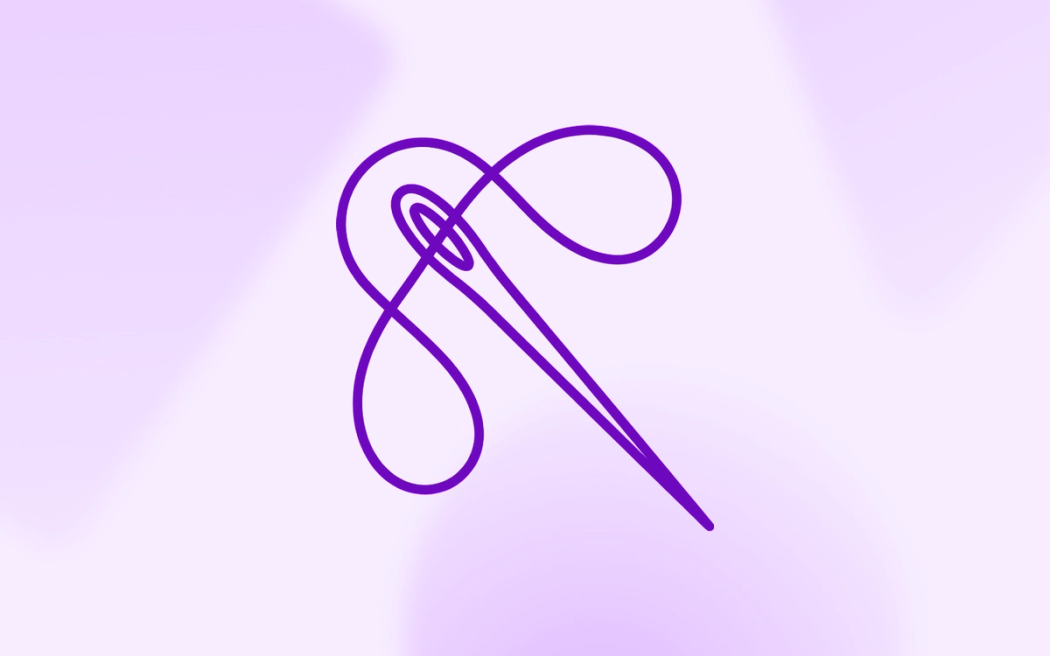 A line drawing of a sewing needle with a looping thread, illustrating how identity resolution stitches cross-channel data to train marketing AI.