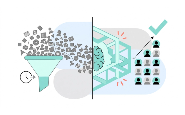 Diagram showing unqualified leads passing through an AI qualification system to identify and prioritize high-intent prospects