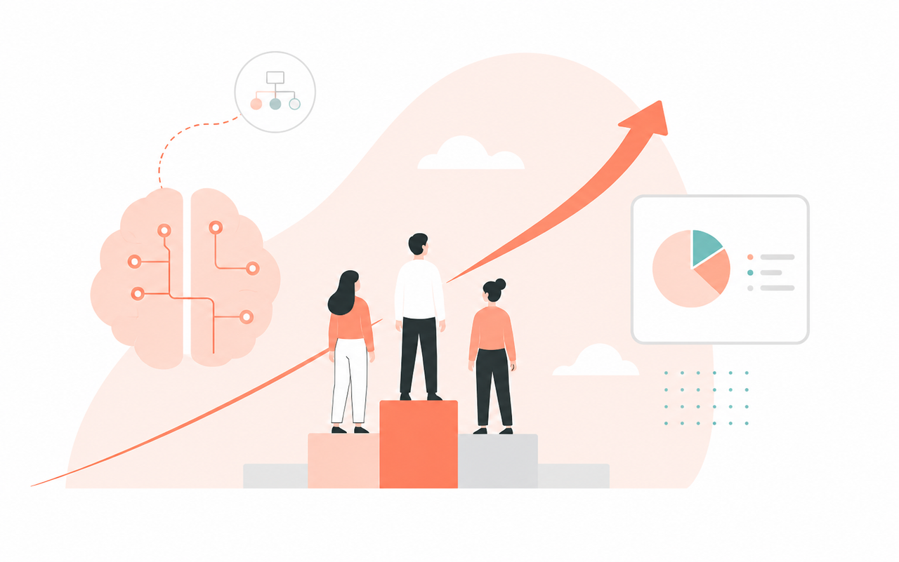 Illustration of three people standing on podium blocks like a winners' podium, facing an upward arrow chart. Beside them, an AI-styled brain with circuit connections links to an org chart icon, and a pie chart with data list sits on the right. Illustration of three people standing on podium blocks like a winners' podium, facing an upward arrow chart. Beside them, an AI-styled brain with circuit connections links to an org chart icon, and a pie chart with data list sits on the right.
