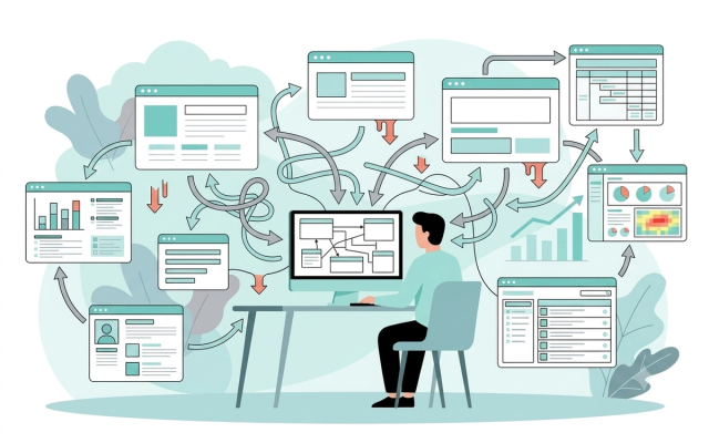 a person at a computer surrounded by a chaotic, tangled web of floating software windows and overlapping arrows, representing operational complexity. a person at a computer surrounded by a chaotic, tangled web of floating software windows and overlapping arrows, representing operational complexity.