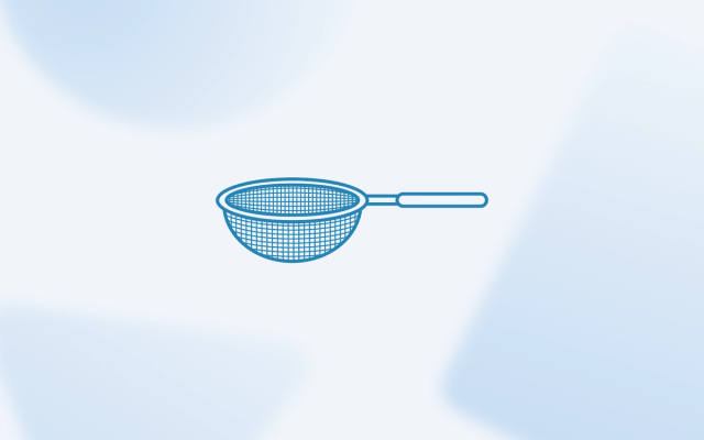 A minimalist line drawing of a hand-held mesh sieve, representing how behavioral AI filters out click fraud and bot farms.