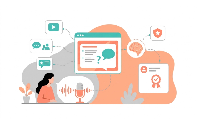 Illustration of a woman using voice search with a microphone, connected to a browser showing search results and an AI brain icon, representing Perplexity's Realtime API