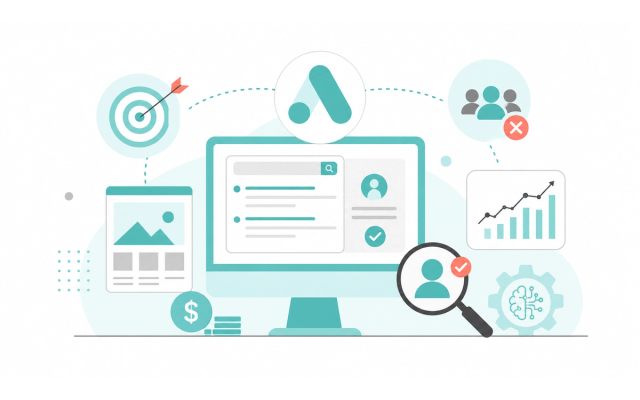 Illustration of a Google Ads dashboard with icons for targeting, audience exclusion errors, budget waste, and performance tracking, representing common Google Ads mistakes