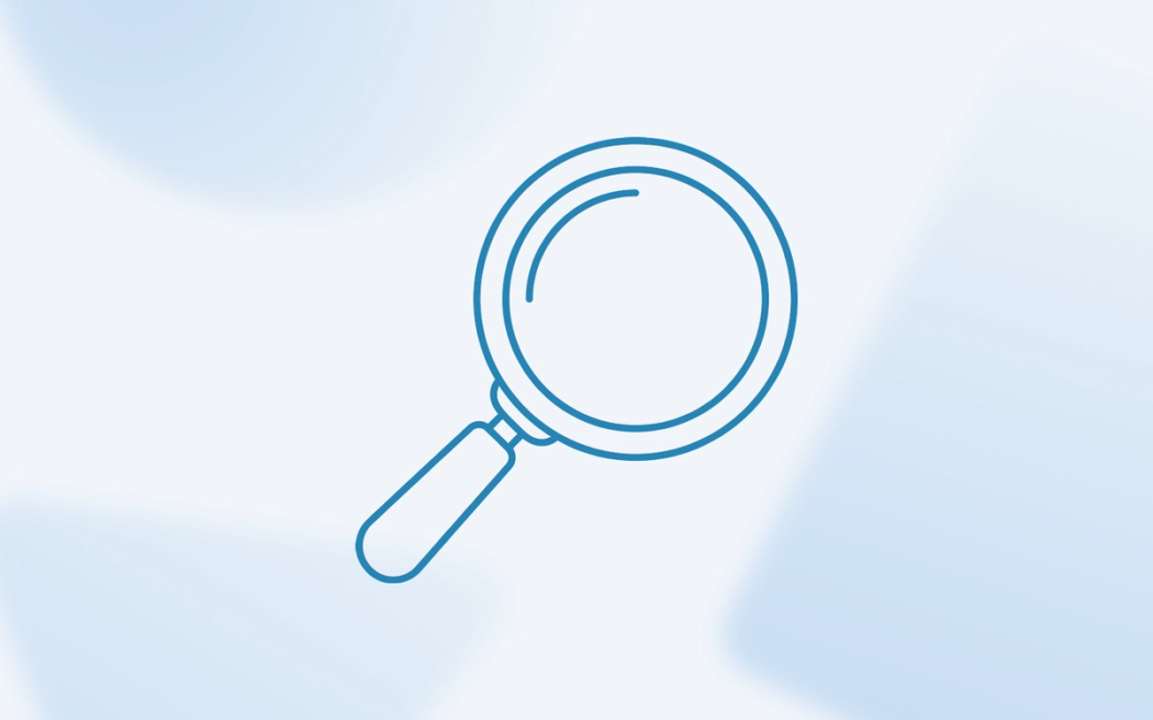A minimalist black line drawing of a tilted handheld magnifying glass on a solid light background.