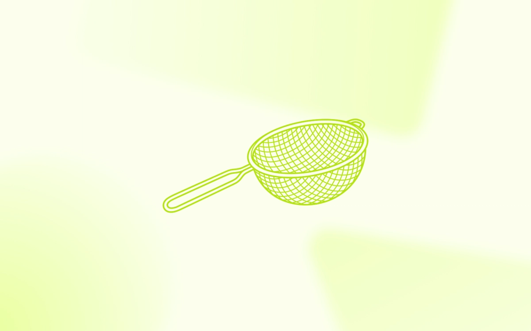 A line drawing of a mesh sieve, illustrating how AI agents automate negative keyword exclusions to block wasted ad spend.