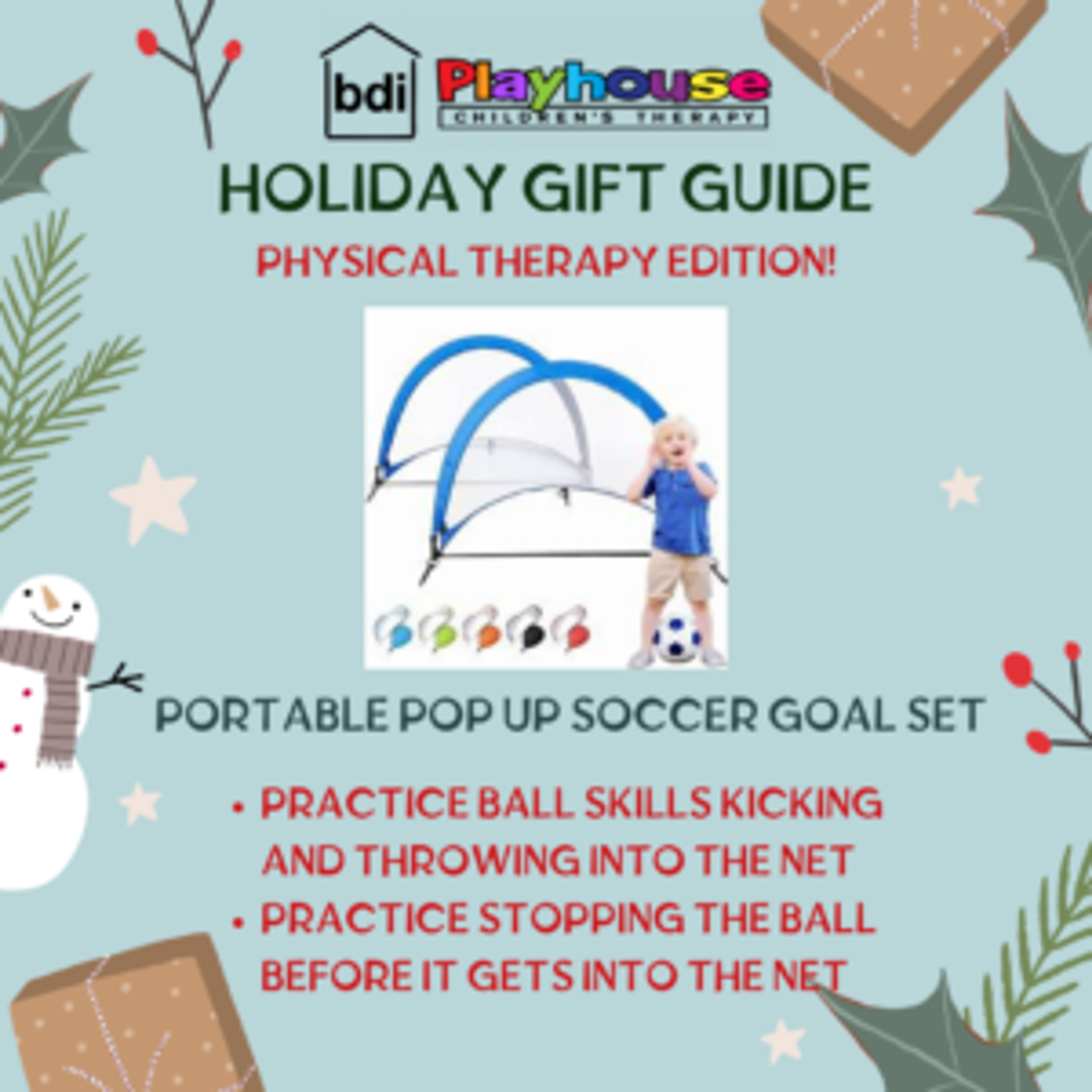 Holiday gift guide, physical therapy edition: pop-up soccer goal set, for kicking, throwing and stopping a ball
