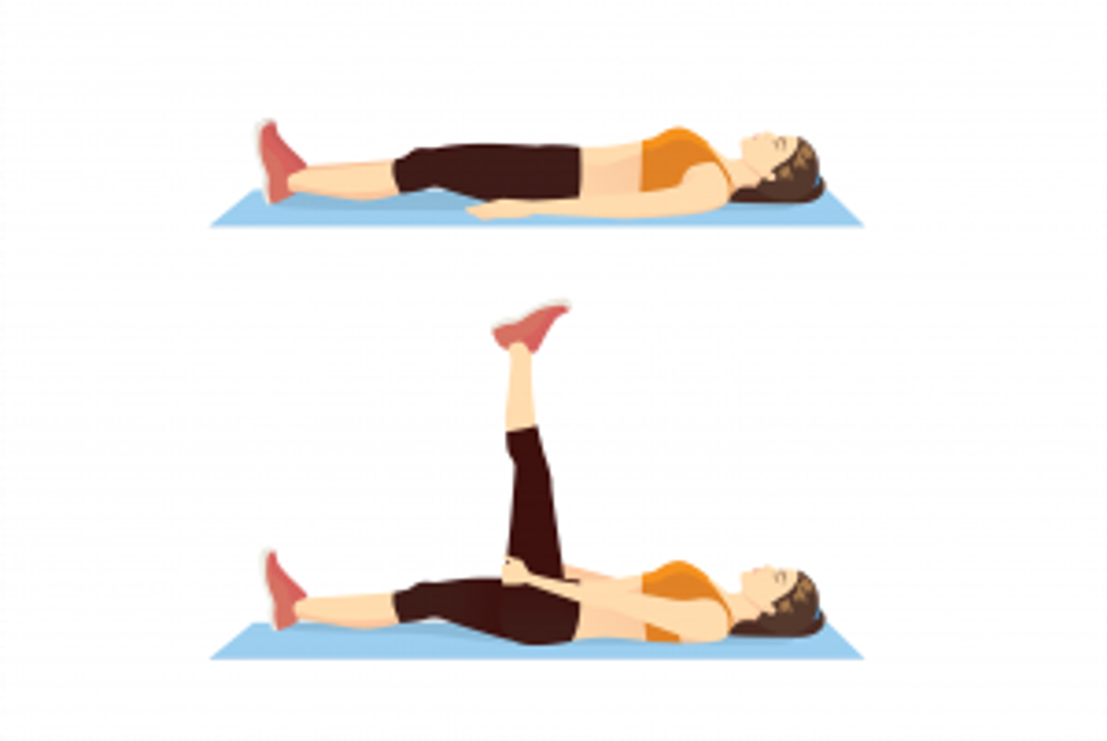 Illustration of a woman lying on her back on a mat, then holding one straight leg up toward the ceiling to stretch