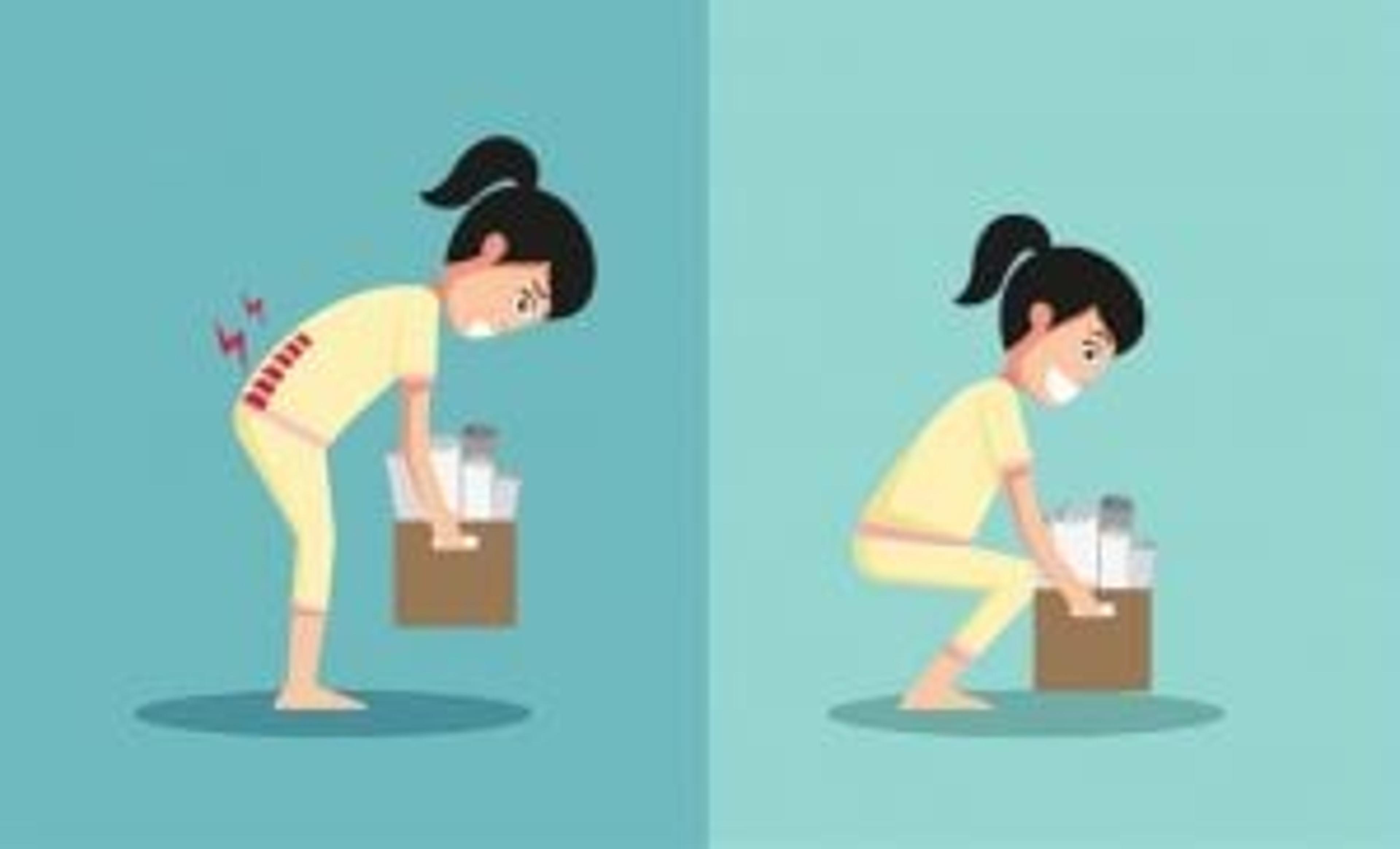 Illustration comparing lifting a box with a rounded, aching back and lifting by squatting with a straight back