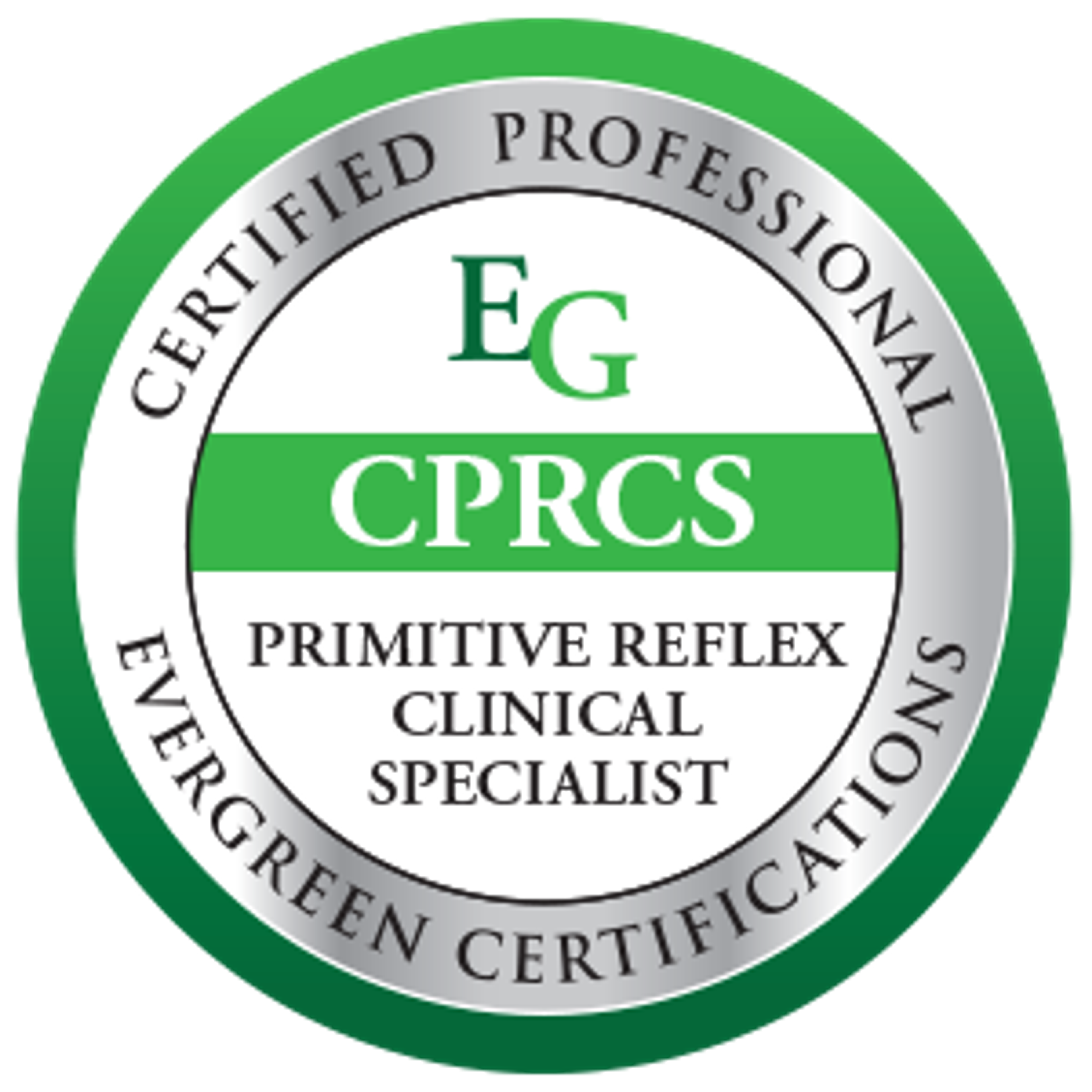 Certified Primitive Reflex Clinical Specialist (CPRCS) badge from Evergreen Certifications