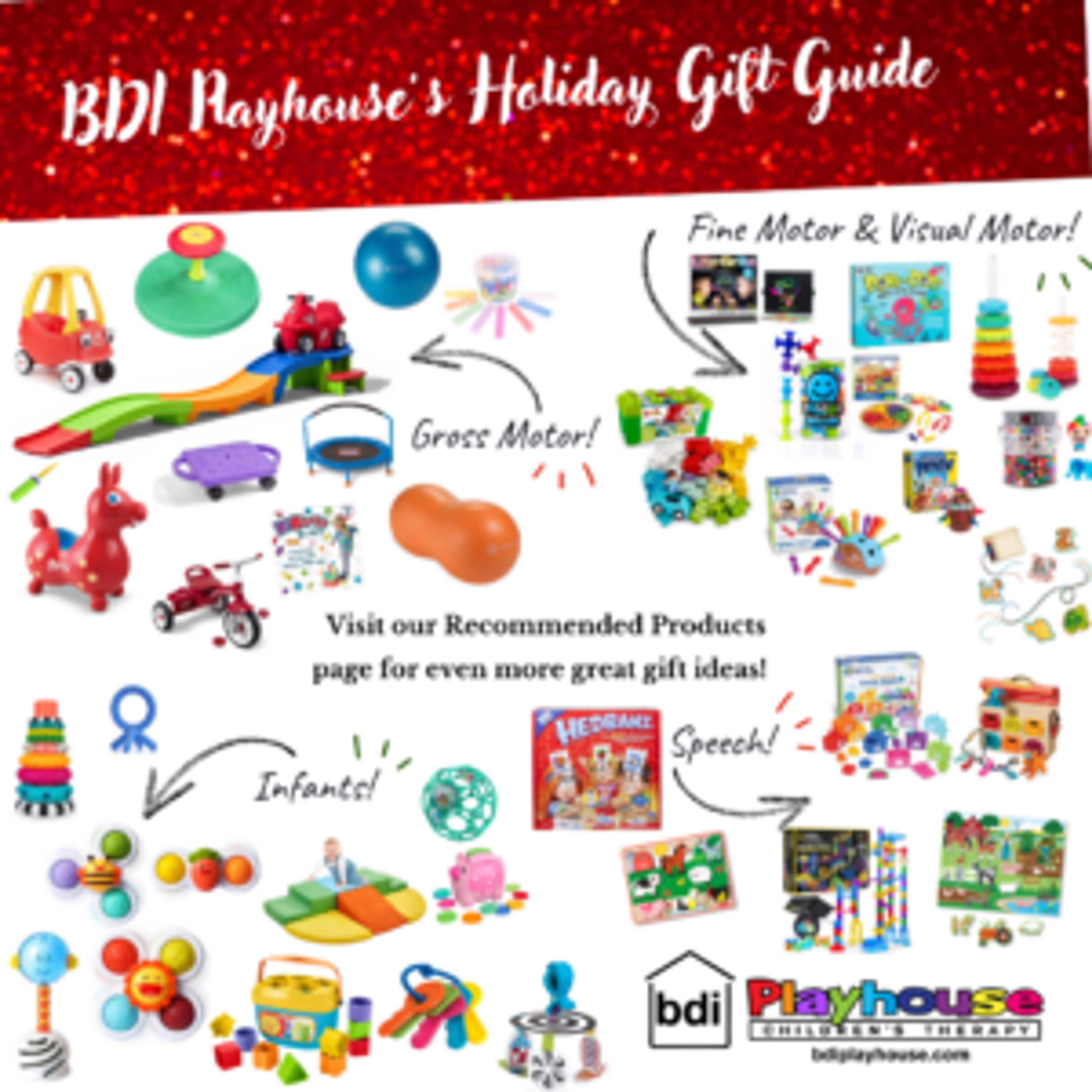 BDI Playhouse's Holiday Gift Guide collage of toy ideas grouped by gross motor, fine and visual motor, infants and speech