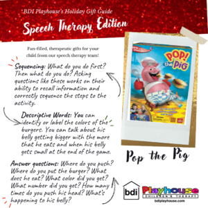 Holiday gift guide, speech therapy edition: Pop the Pig, for sequencing, descriptive words and answering questions