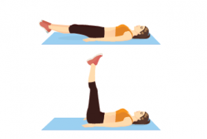 Illustration of a leg lift: lying flat on a mat, then raising a straight leg toward the ceiling