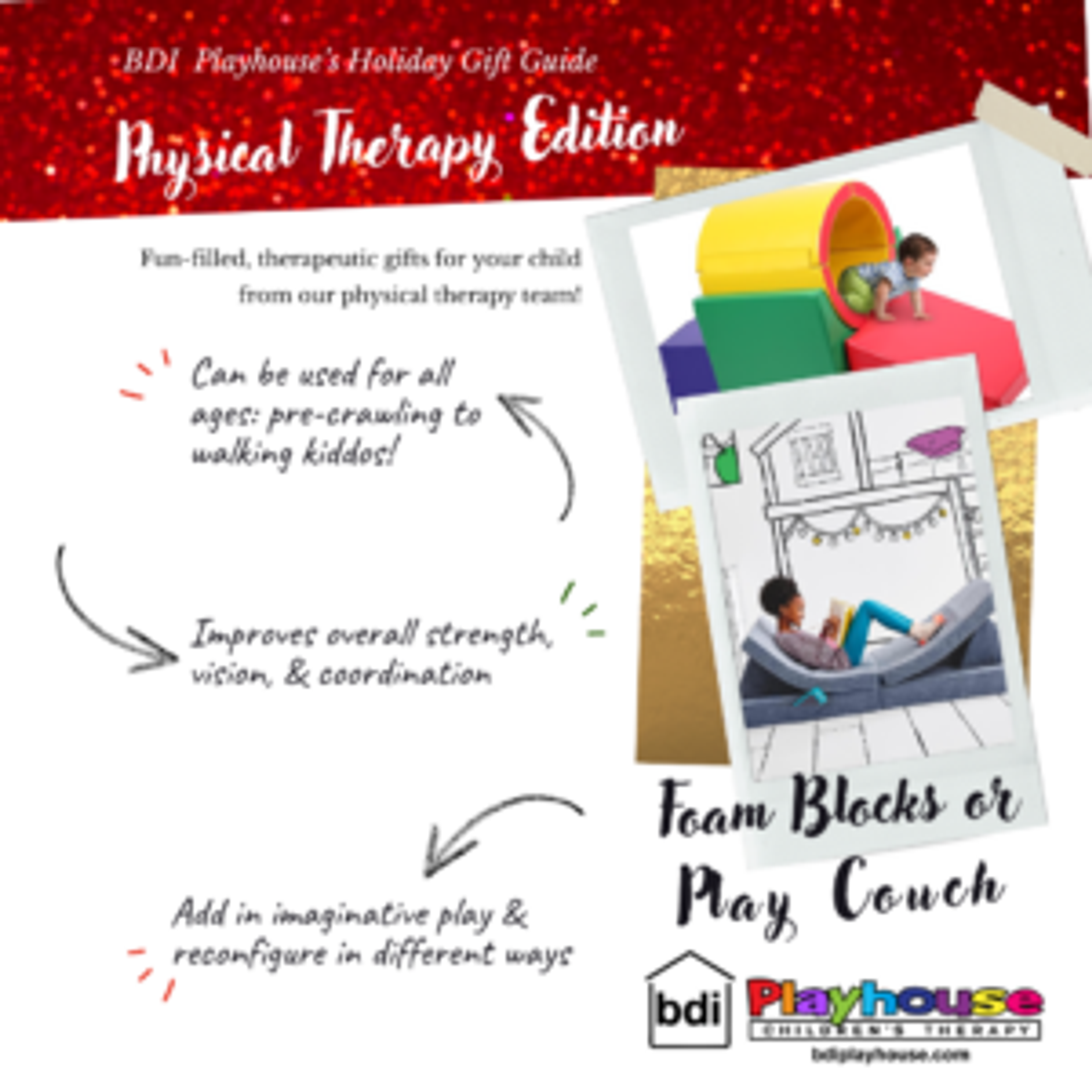 Holiday gift guide, physical therapy edition: foam blocks or play couch, for strength, coordination and pretend play