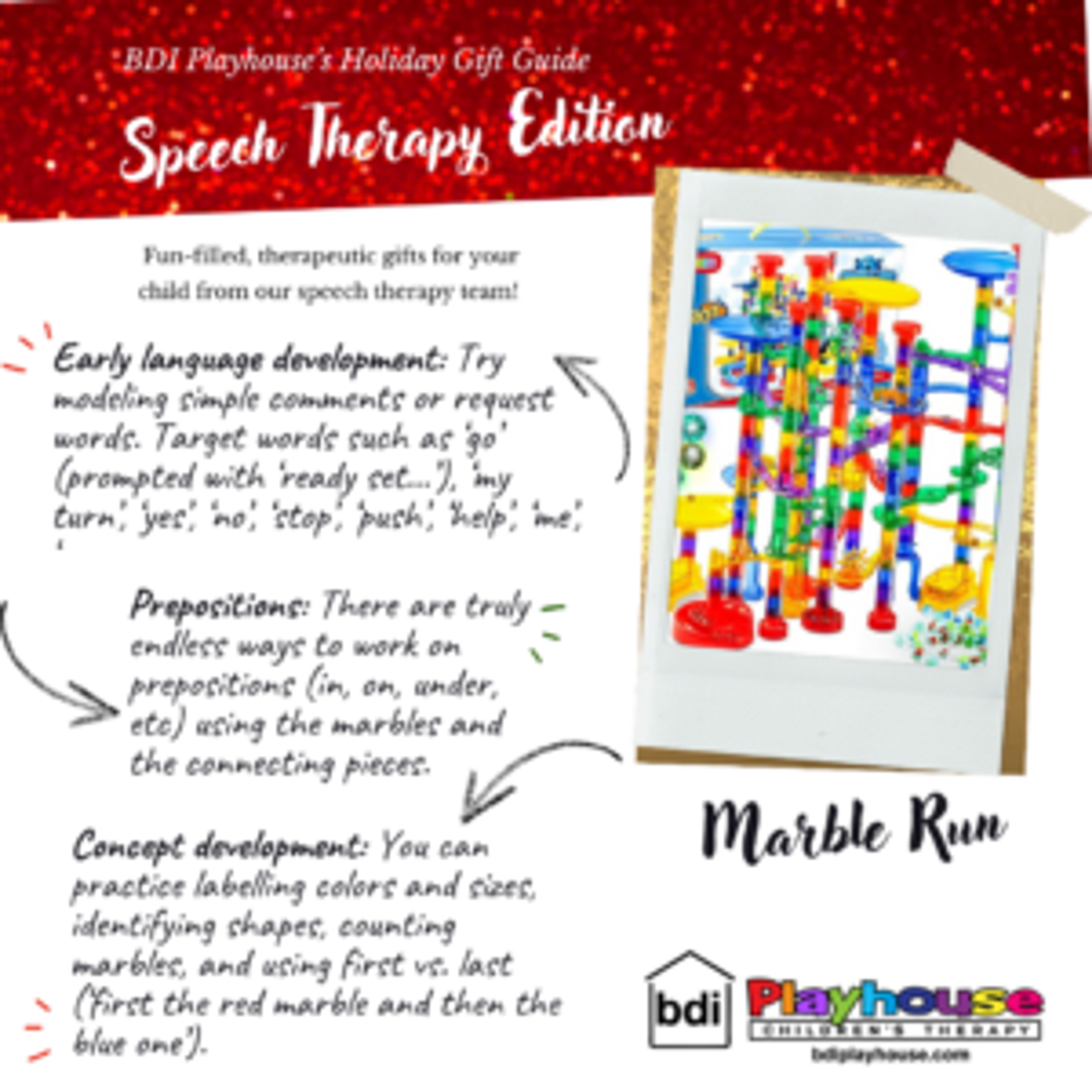 Holiday gift guide, speech therapy edition: marble run, for early language, prepositions and concepts