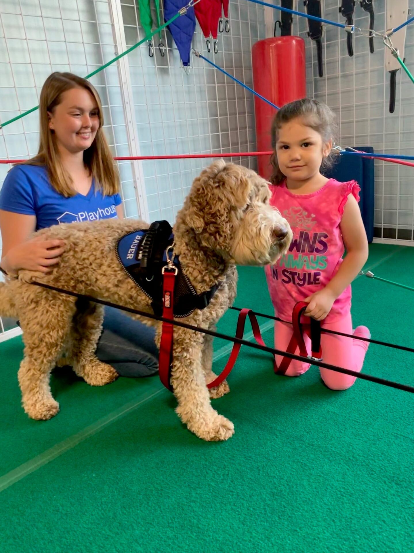 A therapist and a girl kneel beside a curly-haired therapy dog wearing a vest in the therapy gym