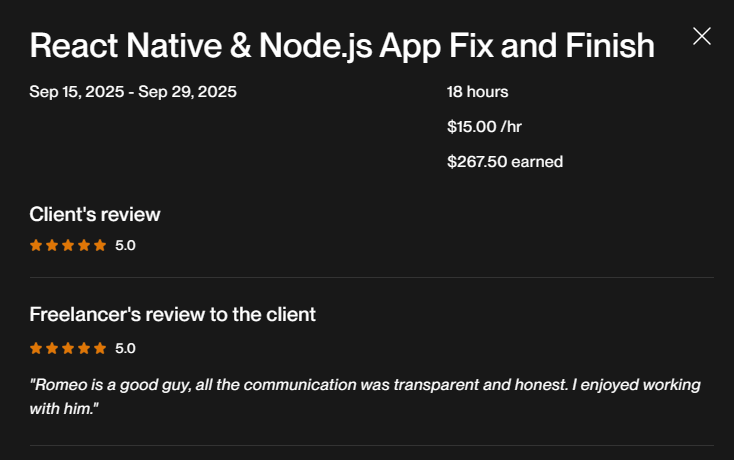 Romeo review — React Native & Node.js App Fix and Finish