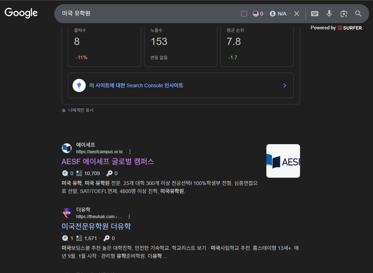 AESF 미국 유학원 웹사이트 SEO 작업