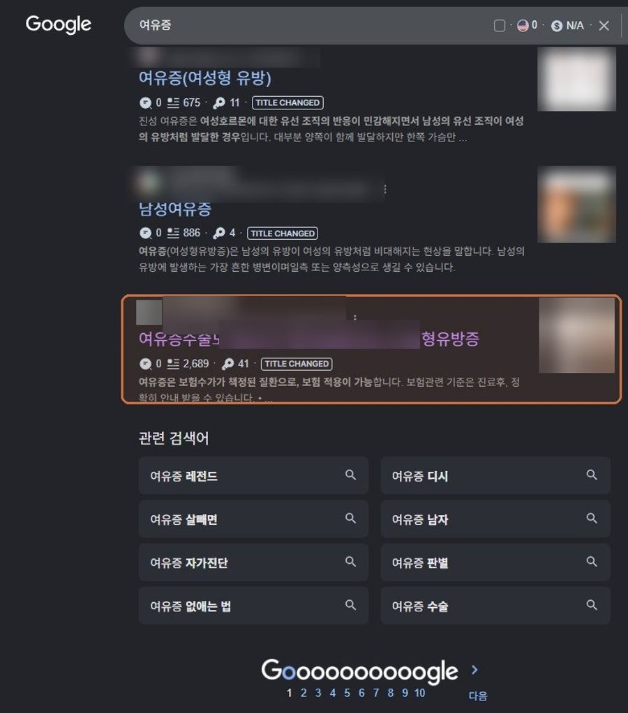 “여유증”에서 확인된 Google 노출 화면