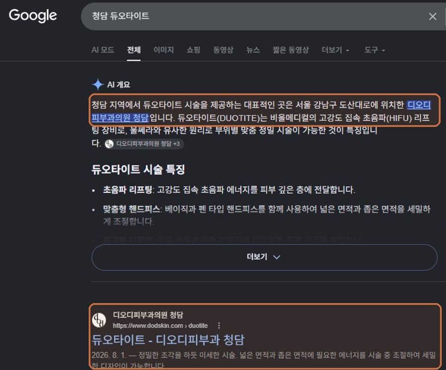 “청담 듀오타이트”에서 확인된 Google 노출 화면