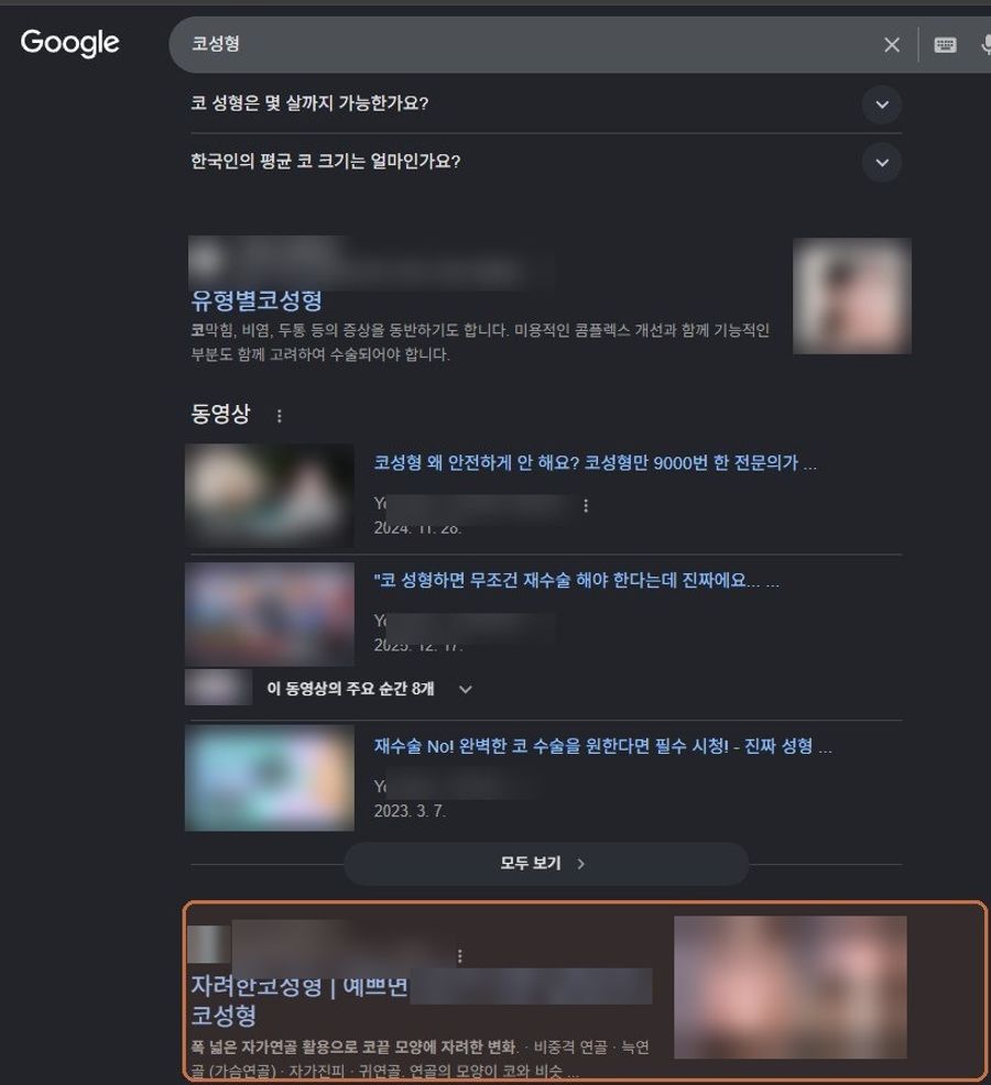 “코성형”에서 확인된 Google 노출 화면