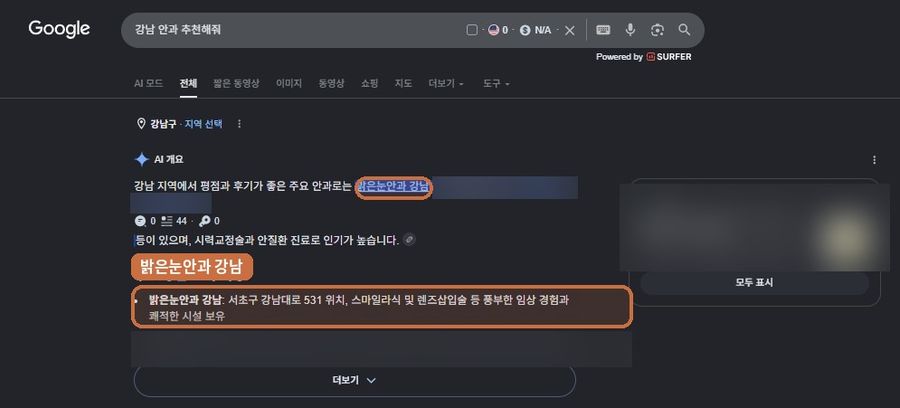 “강남 안과 추천해줘”에서 확인된 Google AI 노출 화면