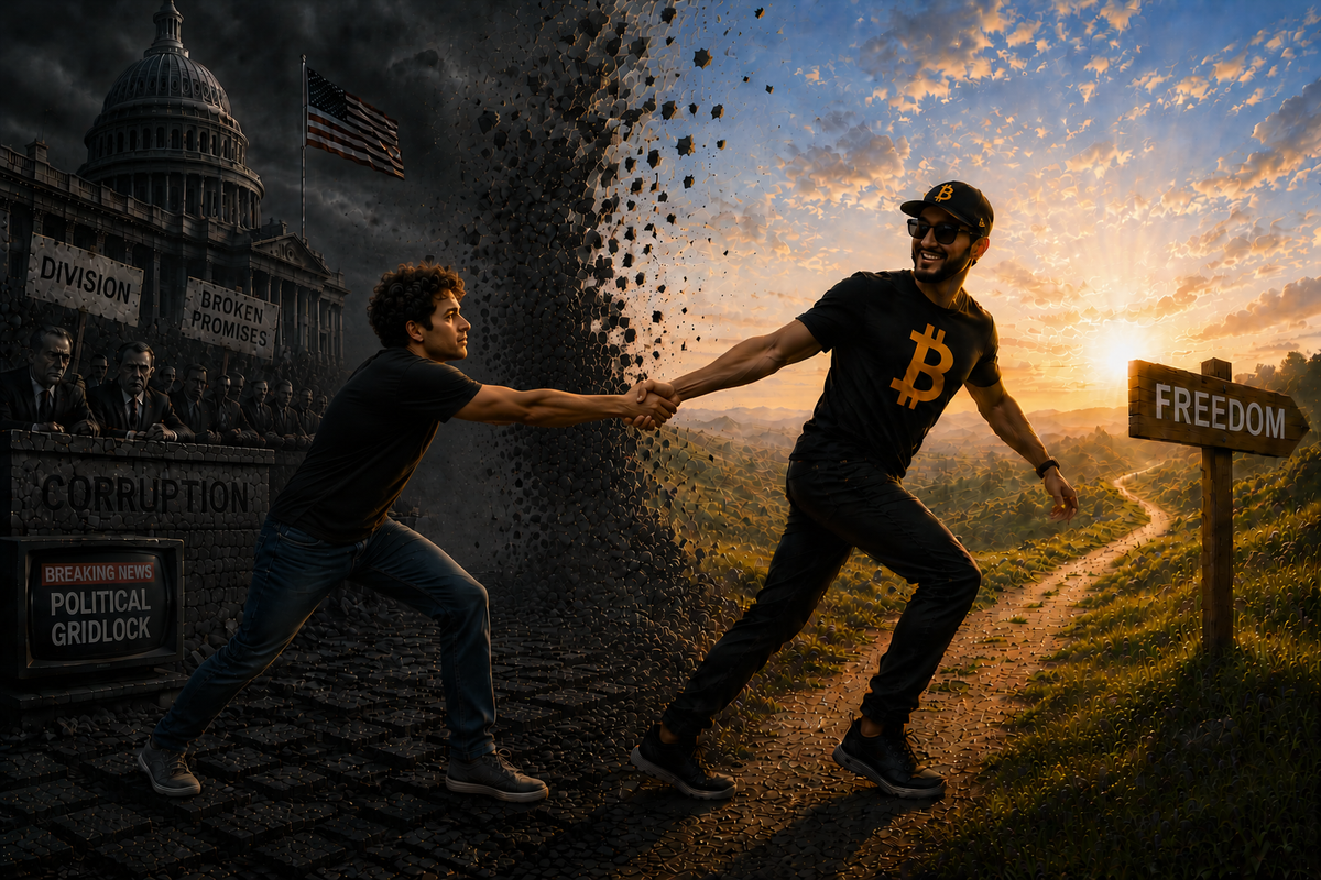 Crypto Bro drags other man away from DC (Generated with ChatGPT Images)