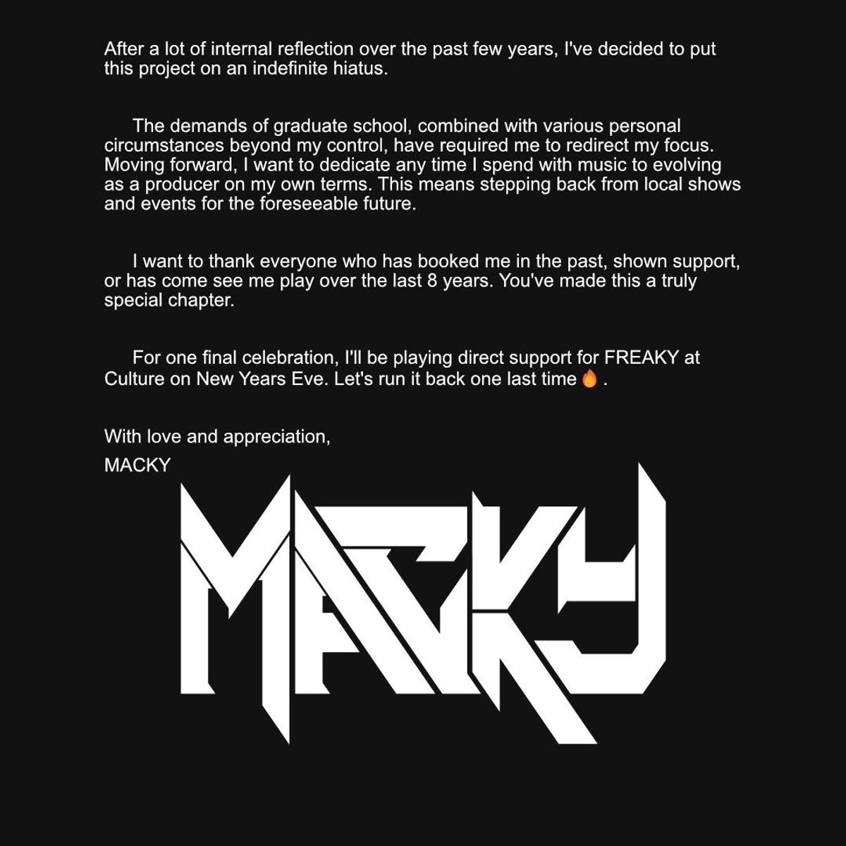 MACKY's Original Hiatus Announcement