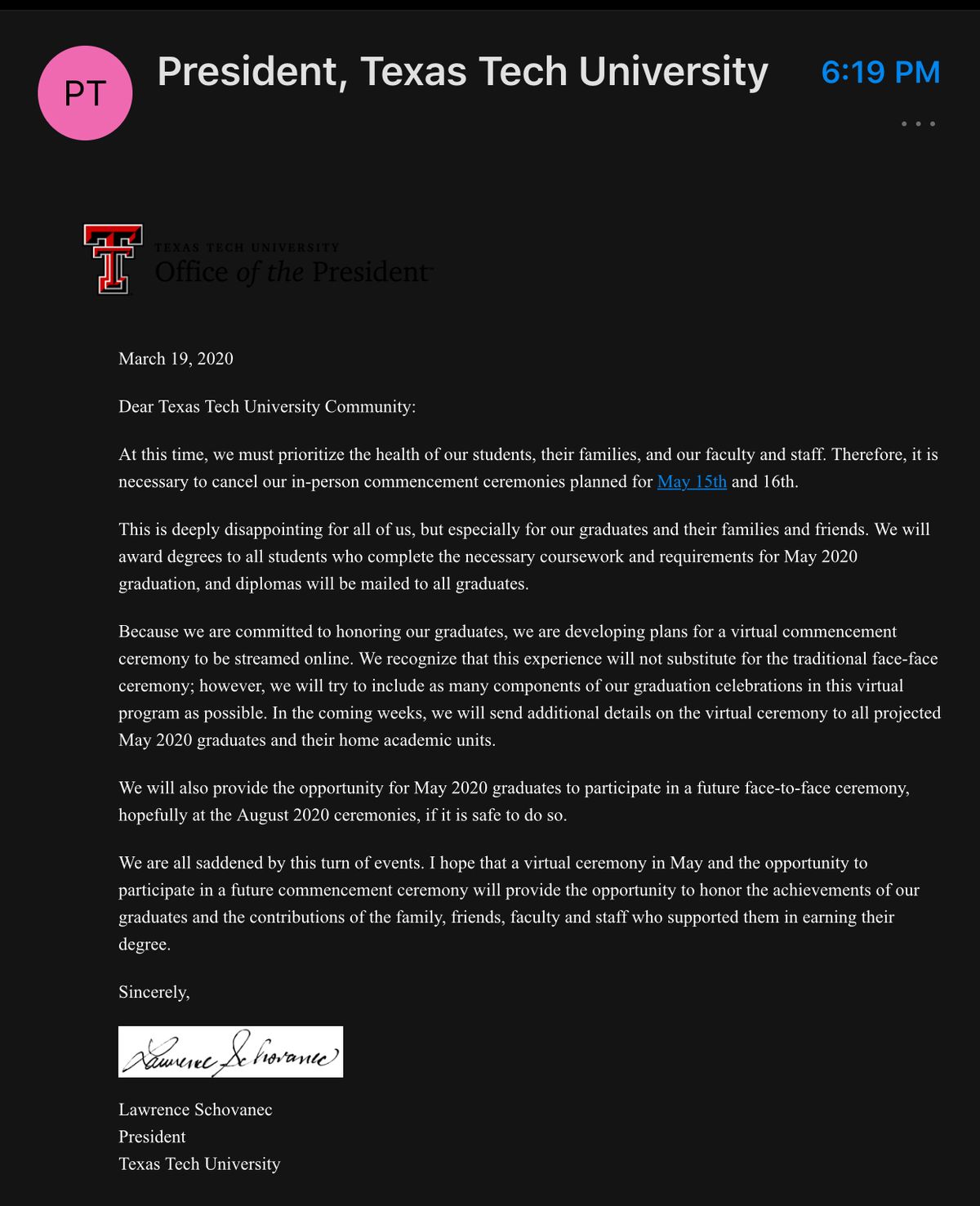 Email From 2020 on Canceling Commencement