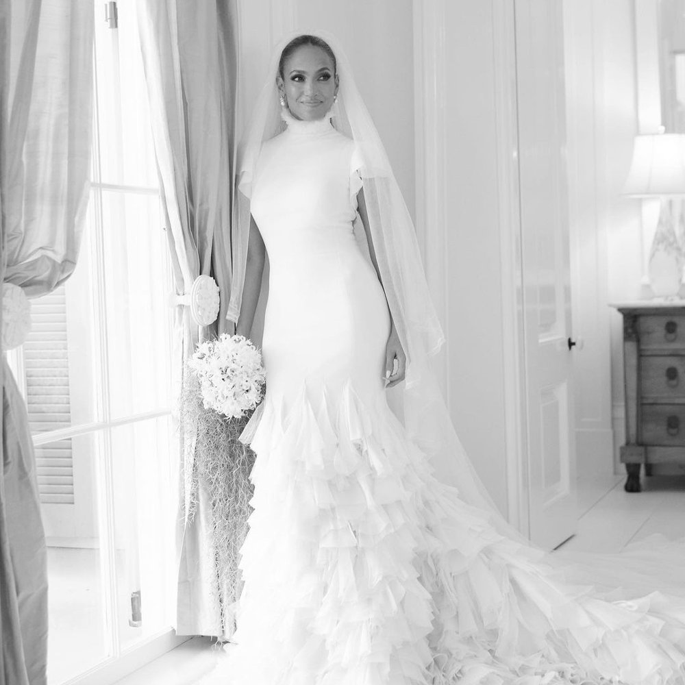 Jennifer Lopez in a wedding dress.