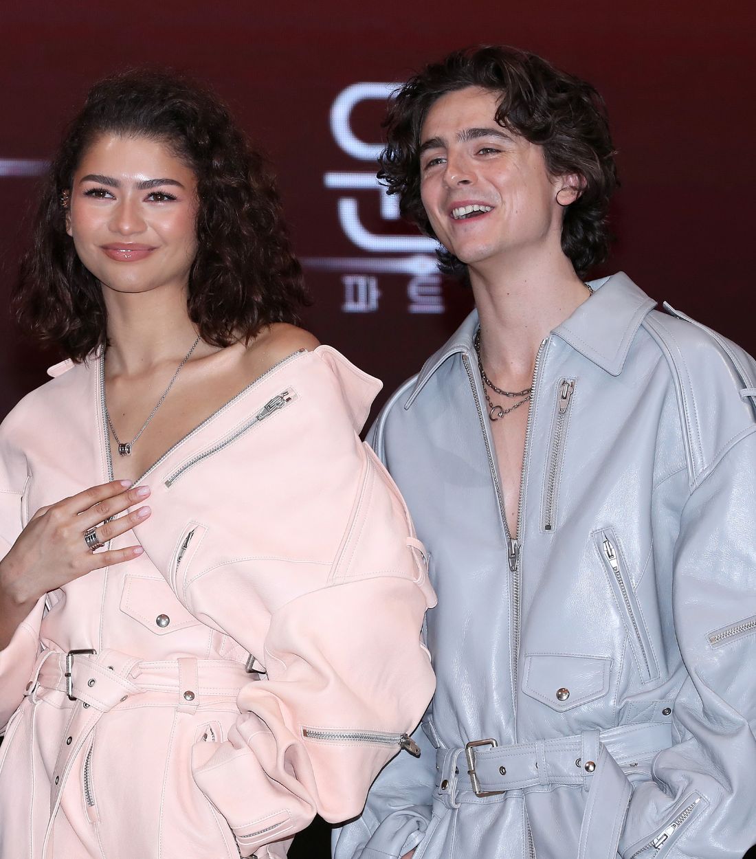 Zendaya and Timothée Chalamet Twin in Leather Jumpsuits in South Korea