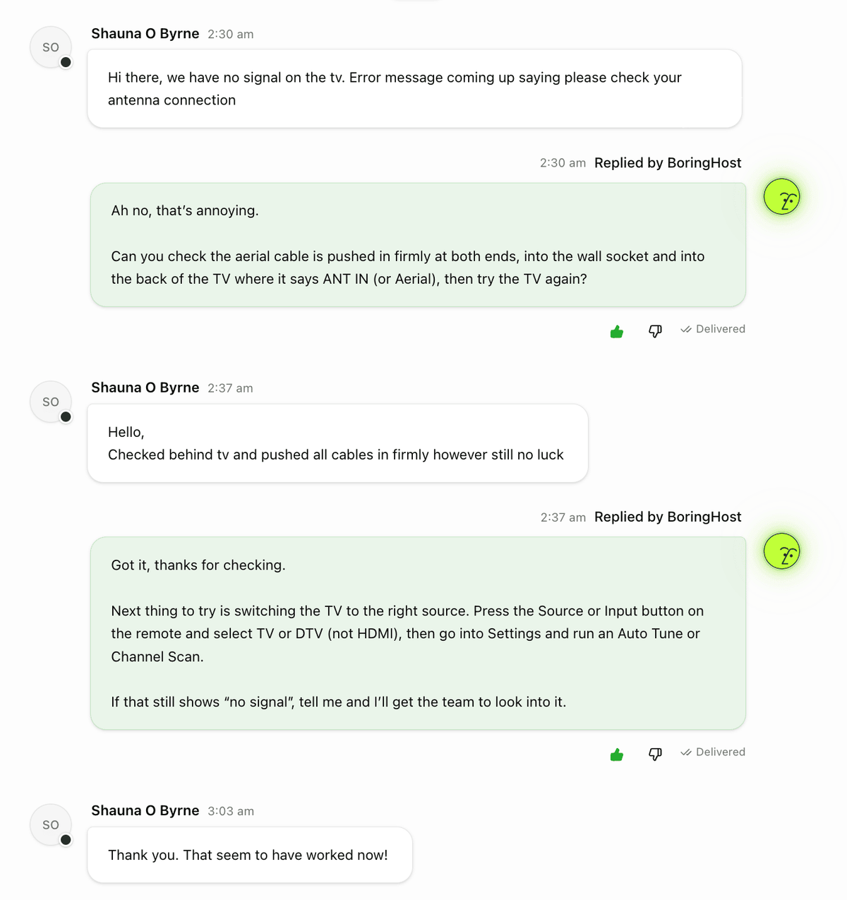 Guest messages BoringHost at 2:30am about a TV with no signal; the AI walks them through two fixes and it is resolved by 3:03am