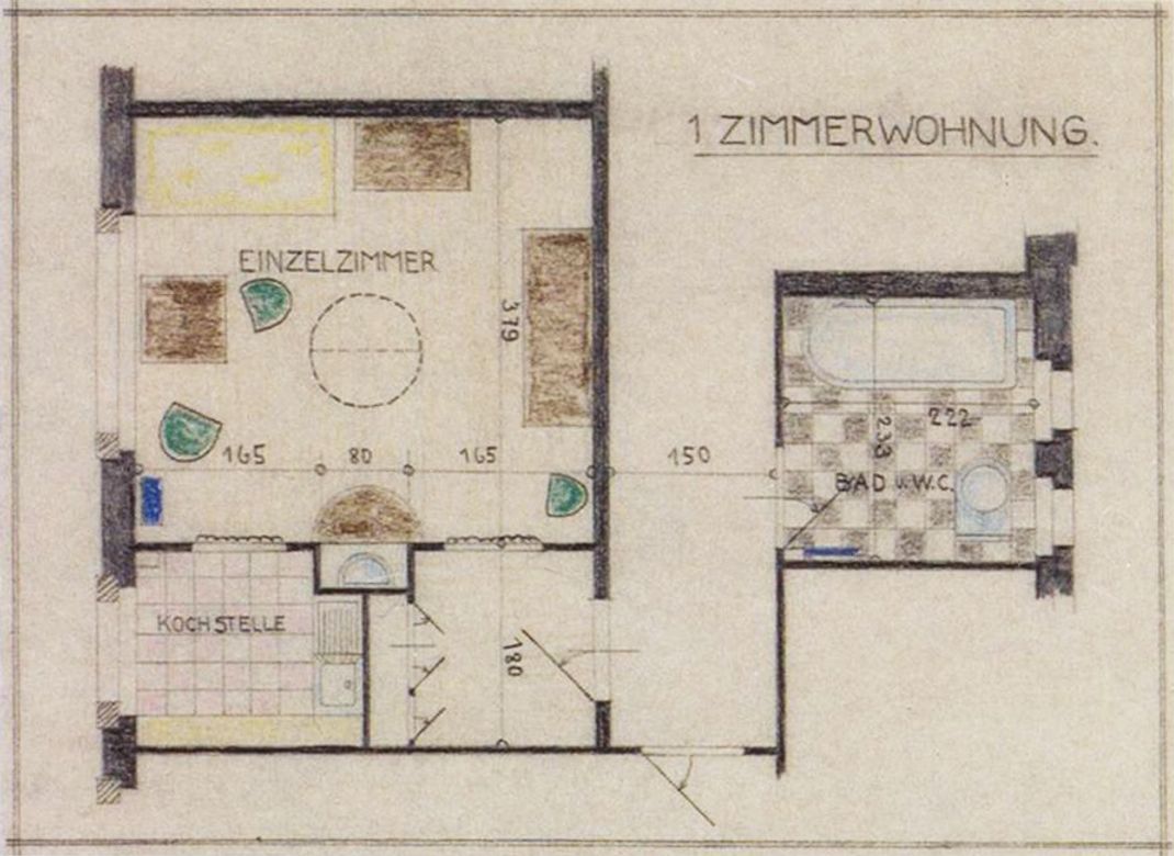 Floorplan of single-room apartment, Housing Cooperative for Working Women, Zurich (1926)