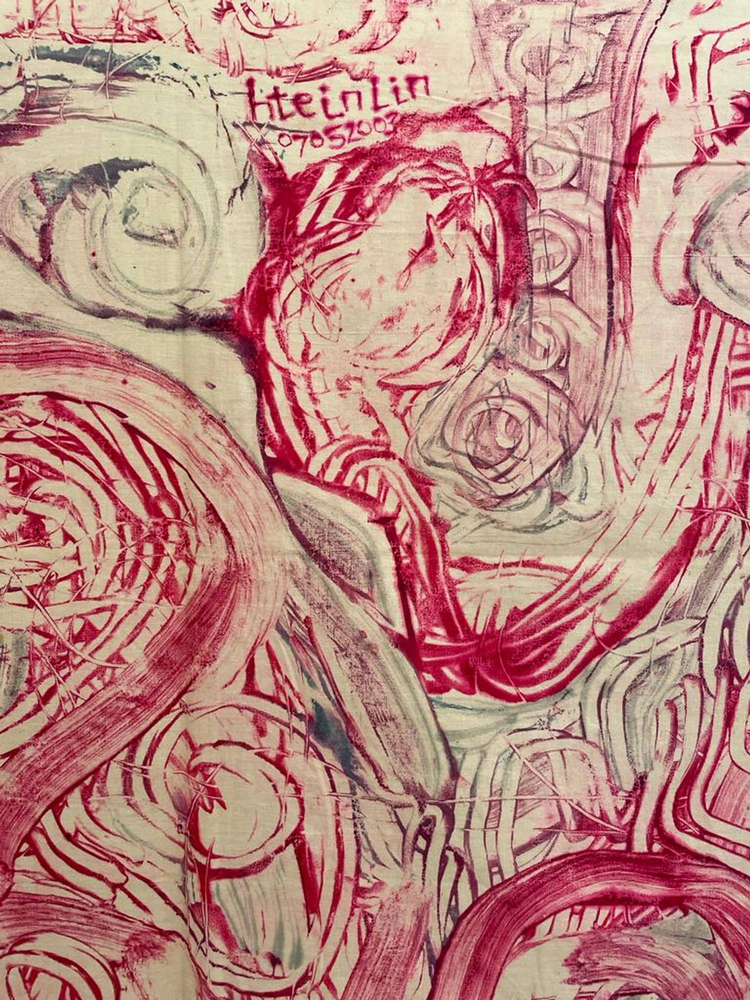 Detail from: Htein Lin, 'Lying on Pattern', 7 May 2003, Myaung-Mya Jail. Coloured powder and vinyl paint on cotton. 88x163cm.