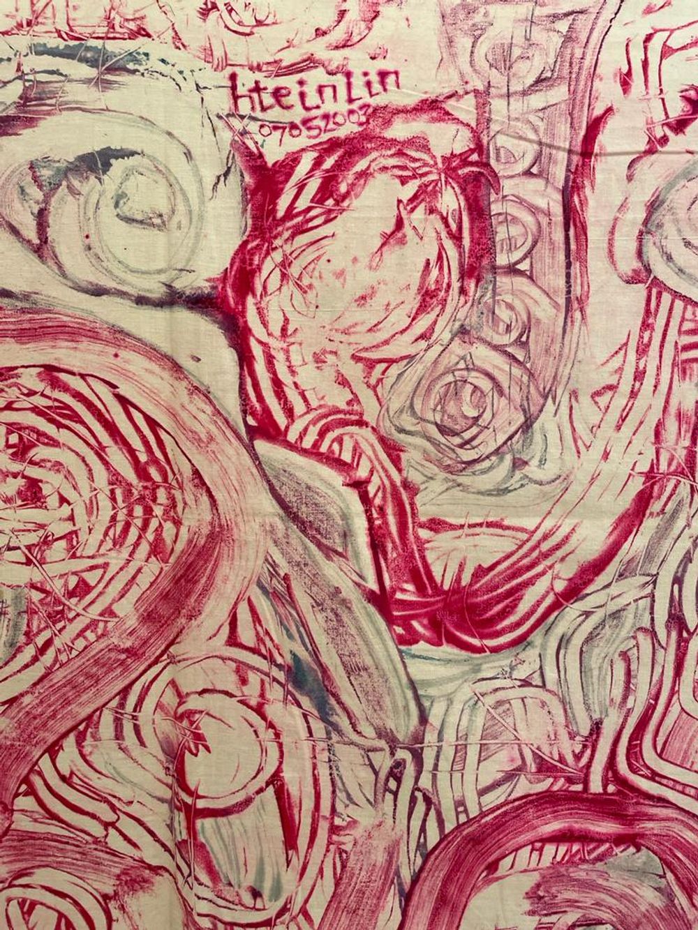 Detail from: Htein Lin, 'Lying on Pattern', 7 May 2003, Myaung-Mya Jail.  Coloured powder and vinyl paint on cotton. 88x163cm.