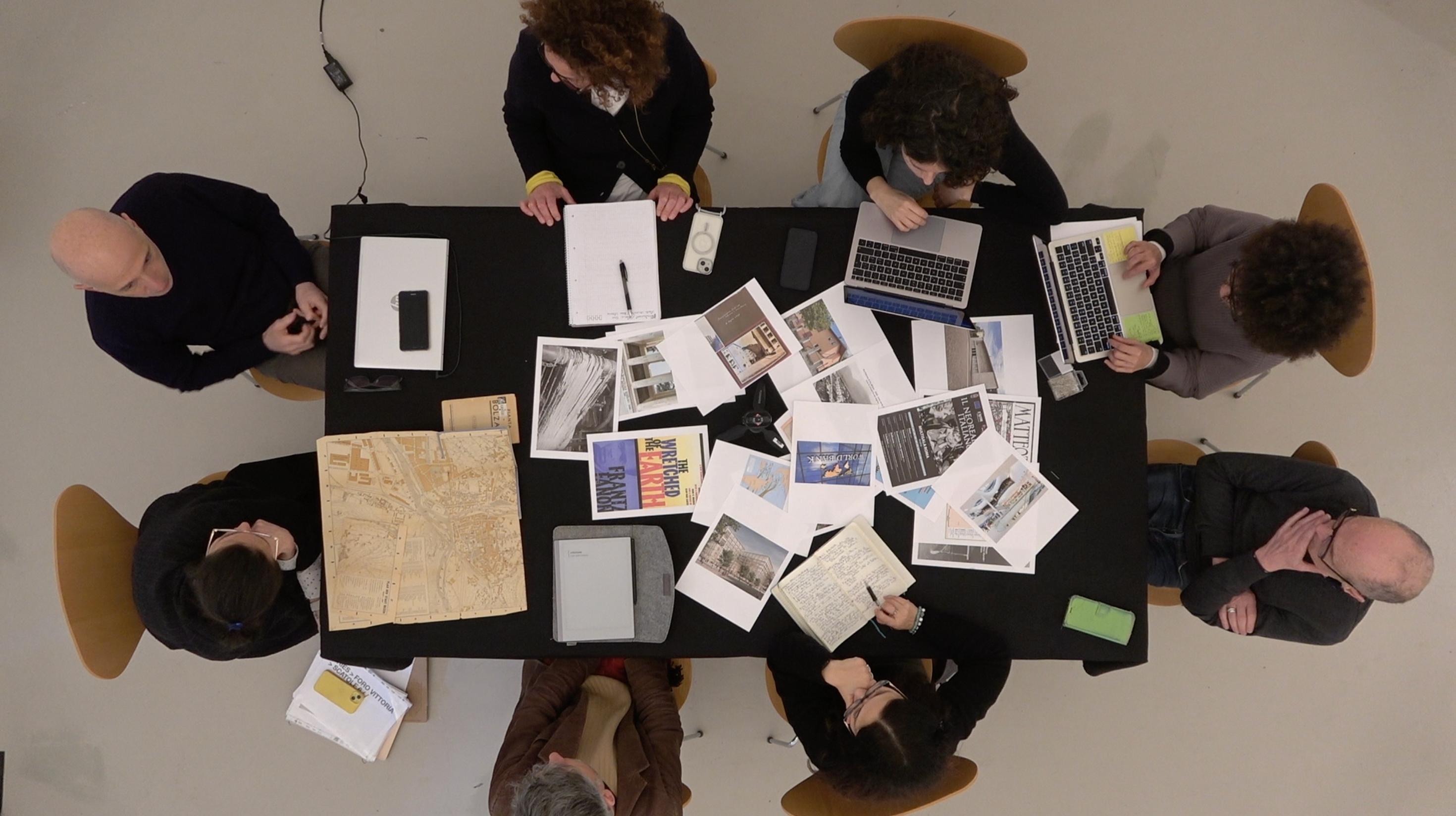 Samia Henni, Psychocolonial Spaces – Act 1, view from the top of the one of the filmed workshops organized by Verena Rastner and Francesca Verga, recorded by Carmine Auricchio, conceived and moderated by Samia Henni, February 2025, Ar/Ge Kunst.
