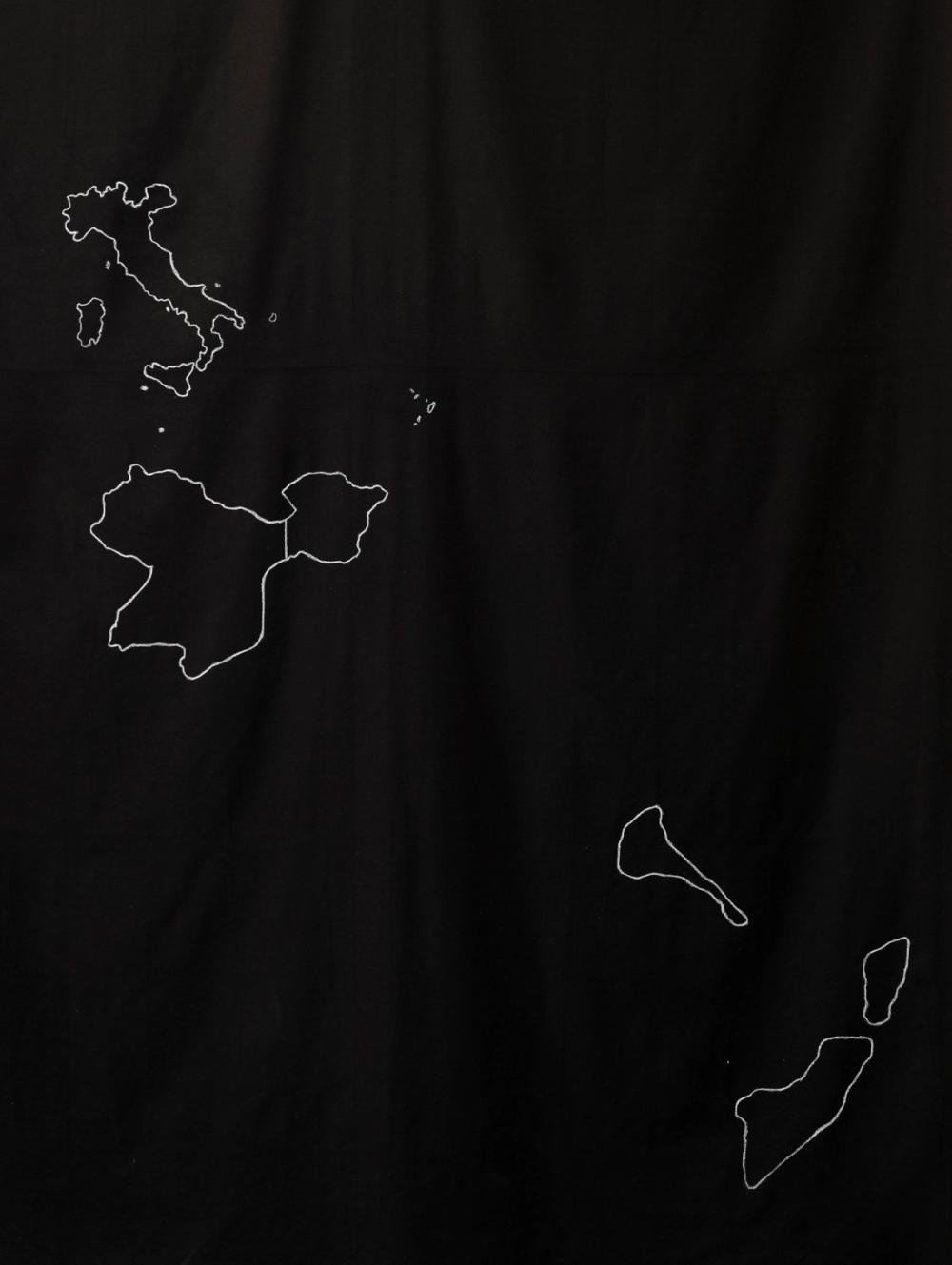 Samia Henni, 'Psychocolonial Spaces - Act 1', exhibition view, Ar/Ge Kunst. Disegno in gesso di una mappa del 1914 dell’Impero coloniale italiano su tessuto di cotone nero.