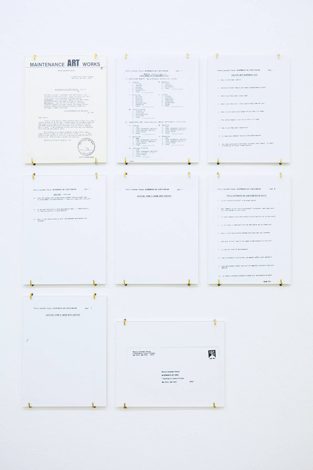 Mierle Laderman Ukeles Manifesto for Maintenance Art, Proposal for an Exhibition Care, 1969, text pages (2) 19 x 13 inch mounted text panels. Courtesy of the artist and Ronald Feldman Fine Arts, New York, photo by aneres