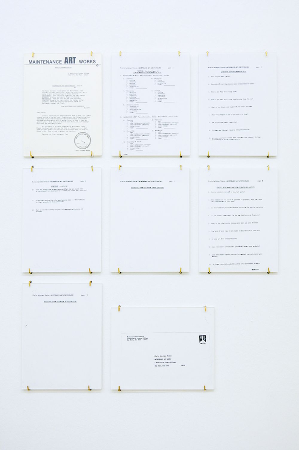 Mierle Laderman Ukeles Manifesto for Maintenance Art, Proposal for an Exhibition Care, 1969, text pages (2) 19 x 13 inch mounted text panels. Courtesy of the artist and Ronald Feldman Fine Arts, New York, photo by aneres