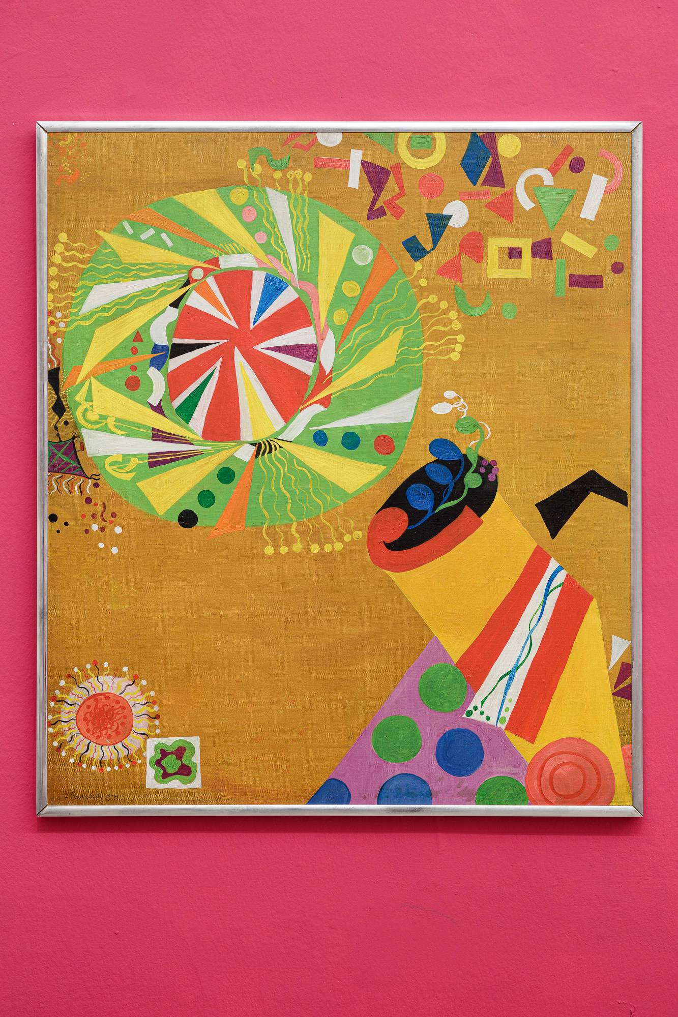 “Tirassegno per il sole”, 1971, acrilico su tela / Öl auf Leinwand, 70 x 80cm. Courtesy Claudio Guidobono Cavalchini.