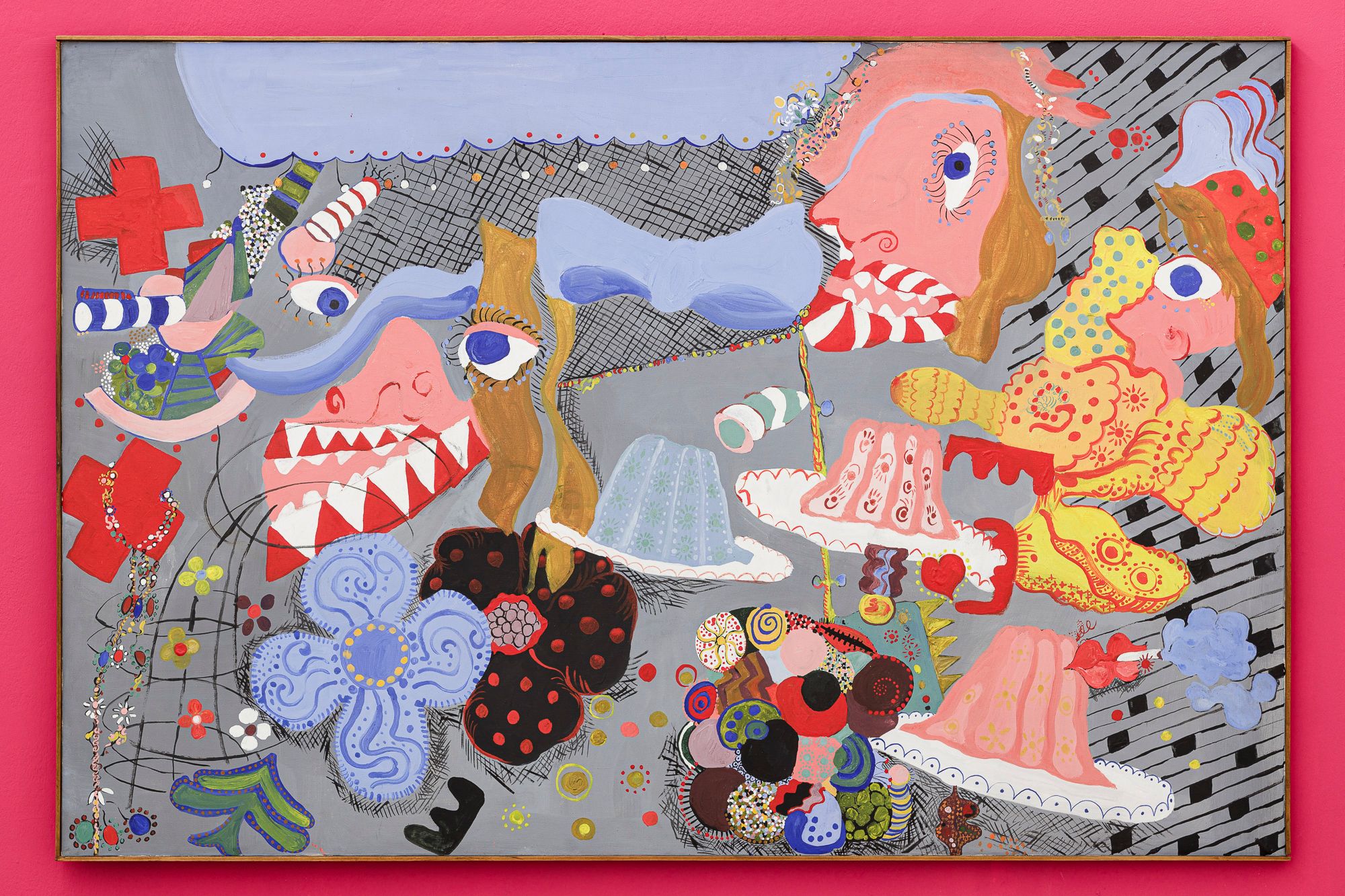 “A proposito di un certo pranzo con croci, gioielli e fiori”, 1969, acrilico su tela / Acryl auf Leinwand, 101 x 151cm. Courtesy Chert Lüdde.