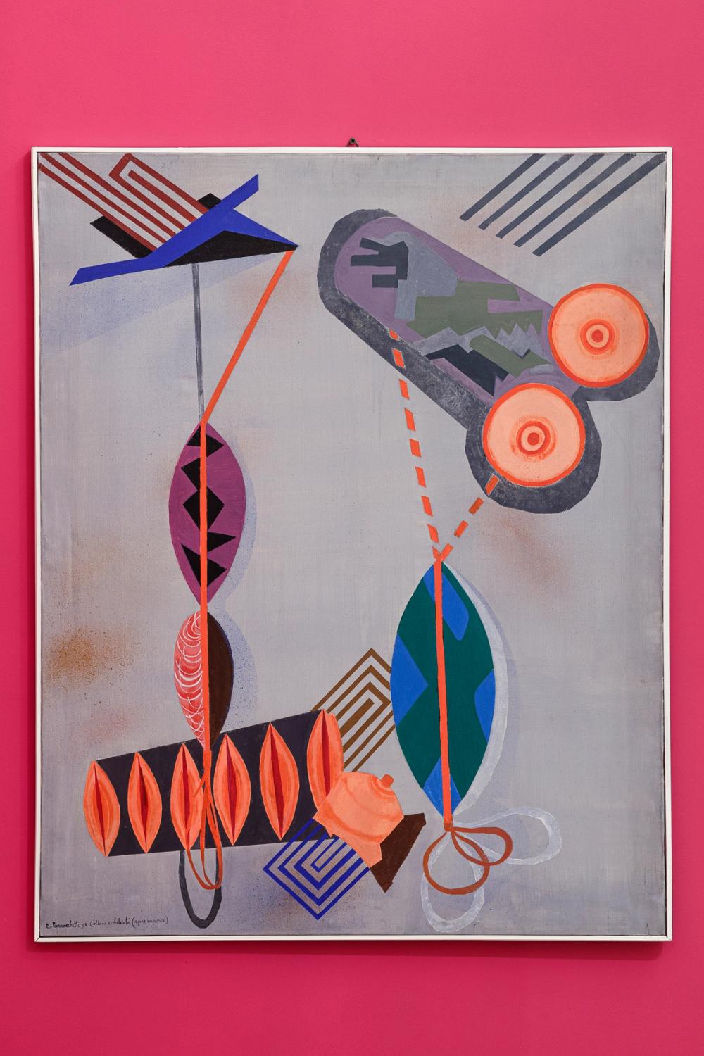 “Collane e obelischi (vagine impiccate)”, 1975, olio su tela /Öl auf Leinwand, 101x80cm. Courtesy Archivio Clemen Parrocchetti.