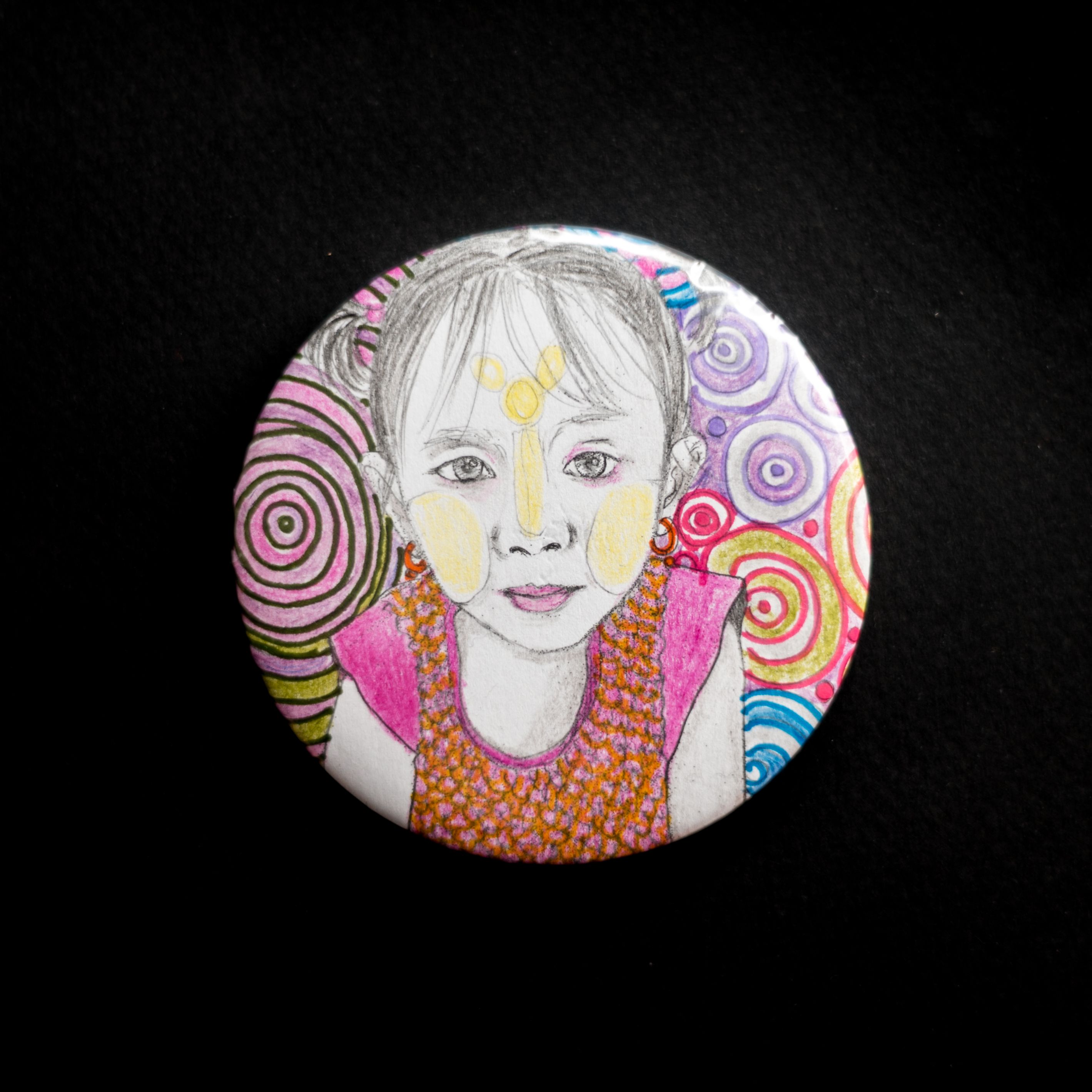 Detail from: Yadanar Win, 'Warriors of Myanmar’s Spring' 2023. Drawing on campaign pins of women in prison.