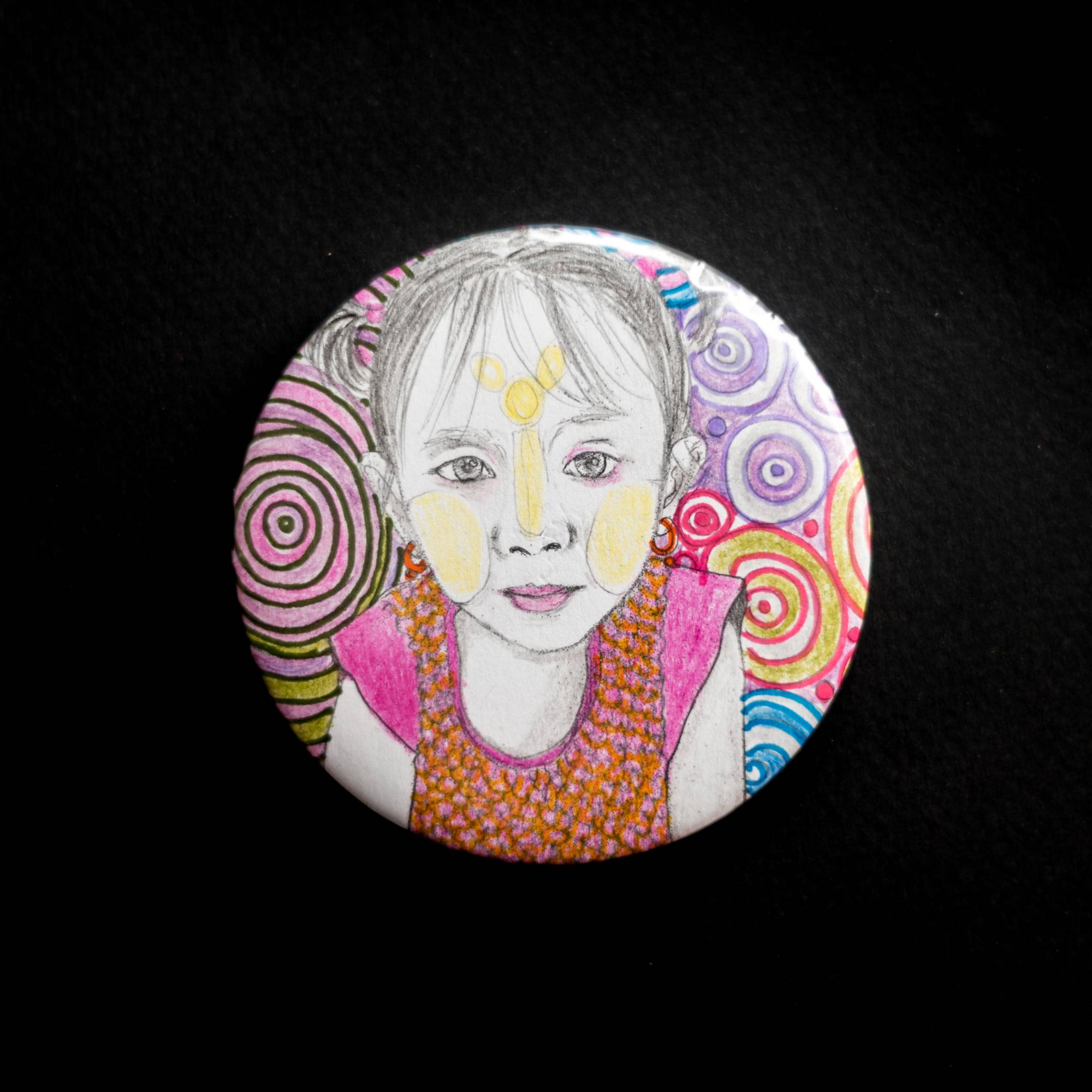 Detail from: Yadanar Win, 'Warriors of Myanmar’s Spring' 2023. Drawing on campaign pins of women in prison.