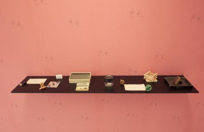 Runo Lagomarsino, A Conquest Means Not Only Taking Over (II), installation with wallpaper, drawings, photographs, objects, and shelves 2010-11 Courtesy Elastic, Malmo and the artist