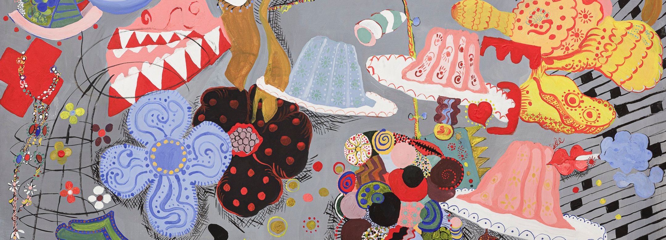 “A proposito di un certo pranzo con croci, gioielli e fiori”, 1969, acrilico su tela / Acryl auf Leinwand, 101 x 151cm. Courtesy Chert Lüdde.