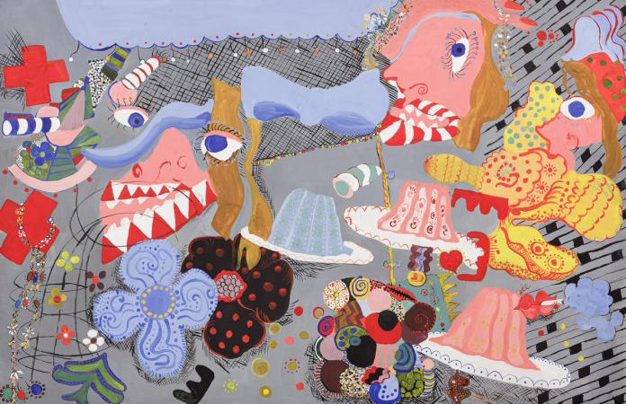 “A proposito di un certo pranzo con croci, gioielli e fiori”, 1969, acrilico su tela / Acryl auf Leinwand, 101 x 151cm. Courtesy Chert Lüdde.