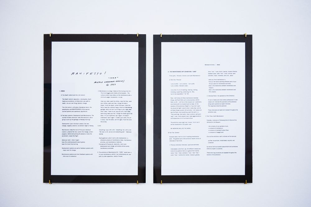 Mierle Laderman Ukeles Manifesto for Maintenance Art, Proposal for an Exhibition Care, 1969, text pages (2) 19 x 13 inch mounted text panels. Courtesy of the artist and Ronald Feldman Fine Arts, New York, photo by aneres
